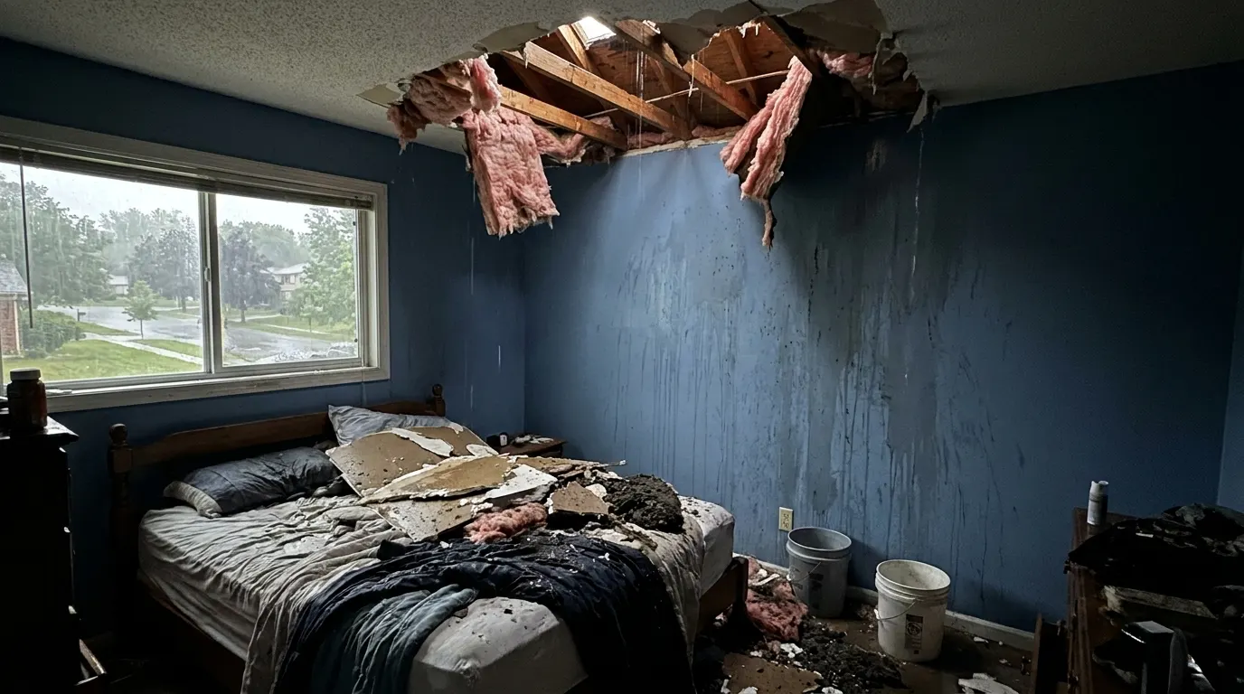 Bedroom with collapsed ceiling and storm debris before repair
