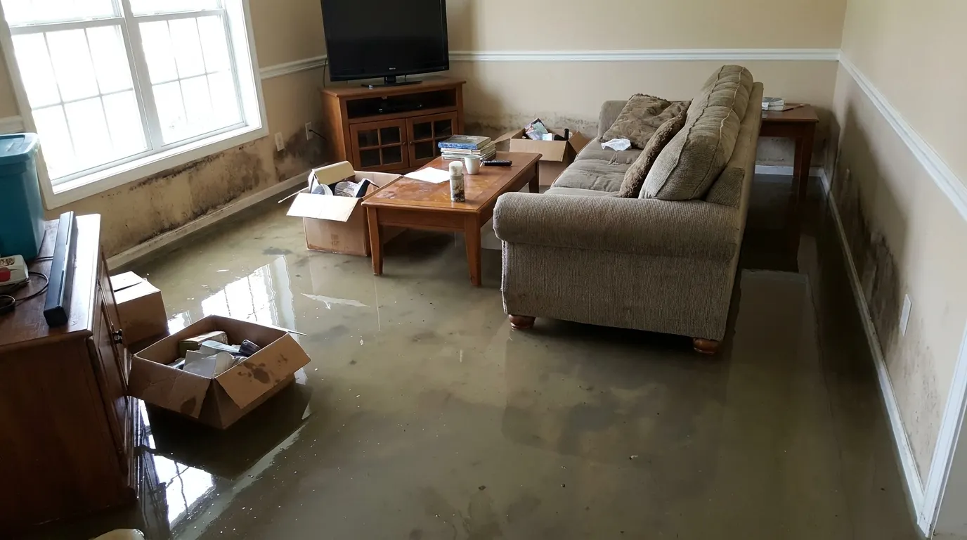 Flooded living room with standing water before restoration